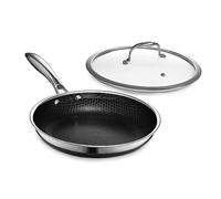 HexClad Sartén Hybrid Antiadherente de 25 cm con Tapa de Vidrio Templado, Asa que se Mantiene Fría, Apto para Lavavajillas, Horno hasta 480°C e Inducción, Compatible con todas las Estufas