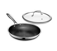 HexClad Sartén híbrida antiadherente de 25 cm con tapa de vidrio templado, mango que se mantiene frío, apto para horno, listo para inducción, compatible con todas las cocinas