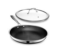HexClad Sartén Hybrid Antiadherente de 30 cm con Tapa de Vidrio Templado, Asa que se Mantiene Fría, Apto para Lavavajillas, Horno hasta 480°C e Inducción, Compatible con todas las Estufas