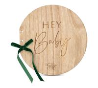 Hey Baby - Libro de invitados de madera para baby shower, álbum de recuerdos circular redondo de 22 cm con 32 páginas y lazo de terciopelo verde, libro de recuerdos rústico para bebés