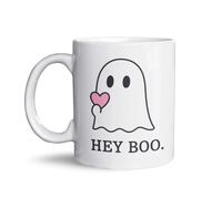 Hey Boo Ghost Mug - Taza de café de Halloween linda para las mujeres y amantes del café - Spooky Ghost Cup with Pink Heart - Taza de otoño divertido - Cozy Otoño Aesthetic Ceramic Cup - Regalo para
