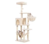 Hey-brother Árbol para Gatos,Árbol Rascador para Gatos de 154 cm,Torre de Gatos Estable y multinivel, con una Cueva para Gatos, un Cesto, una Hamaca y una Plataforma Superior, Blanco Beige 0EMPJ050M