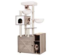 Hey-brother Árbol para Gatos con Caja de Arena para Gatos, Árbol Rascador para Gatos de Estilo Moderno, con una Gran Plataforma, una Mesa de Alimentación y Dos Hamacas, Gris Vintage EMPJ115SG