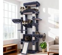 Hey-brother Árbol rascador 182 cm para Gatos Grandes, Varios Pisos con 2 amplias Superficies, 3 hamacas, Cueva, Tabla rascadora sisal 2 en 1, Pelotas de Peluche, Gris Humo EMPJ080G