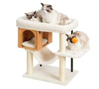 Heybly Árbol para Gatos, Plataforma 54 x 40 cm de felpa, casita de madera, Altura 57,5 cm, Tubos de acero y base ancha ofrecen estabilidad, ideal para gatos gordos, Madera de nogal gris beige HCT017WB