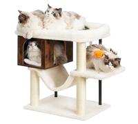 Heybly Árbol para Gatos, Plataforma 54 x 40 cm de Felpa, casita de Madera, Altura 57,5 cm, Tubos de Acero y Base Ancha ofrecen Estabilidad, Ideal para Gatos gordos, marrón Vintage Gris Beige HCT017SR