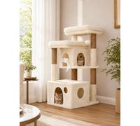 Heybly Árbol Rascador para Gatos 88cm con 2 Plataformas, Beige HCT205SMJ | 2 cuevas, base amplia, felpa suave, sisal y ratón juguete incluido, para trepar, rascar, descansar y jugar en interior