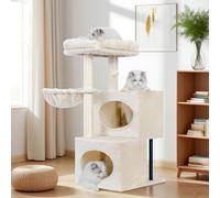 Heybly Árbol Rascador para Gatos, 92 cm con Diseño Escalonado, Plataforma Grande, 2 Cuevas, Postes de Rascar con Cobertura Total de Sisal, Juguete de Peluche con Campana, Beige HCT201SM