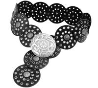 Heyjoin Cinturón de disco ancho hueco para mujer, cinturón redondo de cuero con hebilla de metal, suave, duradero, vintage, cinturones de cintura occidentales, Plata Negro a, XL: 59 in/150 cm