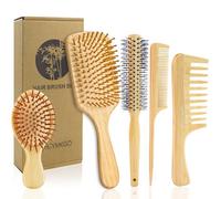 HEYMKGO 5PCS cepillos de pelo de bambú natural, cepillo madera，paleta de bambú profesional cepillo antitirones juego de peines adecuado para mujeres hombres niños