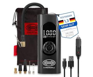 HEYNER® Compresor de aire digital con batería de 6000 mAh, 10 bares, con parada automática, LCD, luz LED, señal de emergencia y banco de energía, para coche, moto, bicicleta, camping, incluye manguera