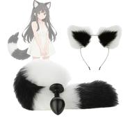 Heyokoy Adorable conjunto de orejas y cola de peluche para juegos de rol, con bloques de color blanco y negro para sesiones fotográficas.