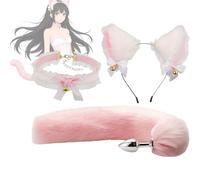 Heyokoy Conjunto rosa de cosplay suave y adorable de novia gato con diadema de orejas de gato peludas y collar con lazo.