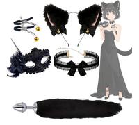 Heyokoy Disfraz de chica gato negro Adorable conjunto de orejas de gato y cola de zorro de felpa