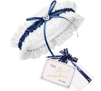 HEYOMI Liga de boda con cinta en azul decorada con pieza, lazo y corazón noble hecho de brillo, regalo de ligas de novia, hecho a mano