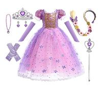 HEYOUTH Disfraz Rapunzel, Vestido Princesa Niña de Soplo Tul Brillante, con 7 Accesorios, para Niña de Cosplay, Cumpleaños, Carnaval (120 cm)