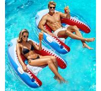 HeySplash Flotador de Piscina para Adultos, 2 Piezas Silla Flotador de Piscina con Portavasos, Colchoneta Hinchable con Asas, Flotadores Hinchables para Piscina Playa Lago Río Fiesta, Tiburón Azul