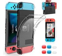 HEYSTOP Carcasa Compatible con Nintendo Switch, Funda con Protector de Pantalla para Console y Grip 6 Agarres para el Pulgar
