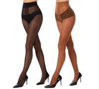 HeyUU 40 Denier Medias para mujer con inserto de zona T, medias moldeadas de cintura alta, medias finas transparentes con punta reforzada, Negro+Marrón, L-XL