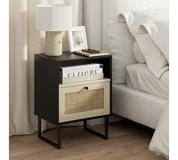 HEYZOEY - Mesita de Noche Bohemia de ratán con cajón y Estante de Roble Blanco para Dormitorio, Sala de Estar, Oficina (Marco Negro)