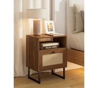 HEYZOEY Mesita de Noche de ratán Moderna de Madera con cajón y Estante Abierto, Mesa Auxiliar con Marco Dorado para Dormitorio, Sala de Estar, Oficina (Nogal)