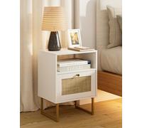 HEYZOEY Mesita de Noche de ratán Moderna de Madera con cajón y Estante Abierto, Mesa Auxiliar Grande con Marco Dorado para Dormitorio, Sala de Estar, Oficina (Blanco)