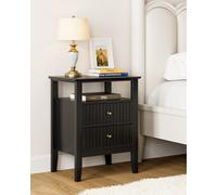 HEYZOEY Mesita de noche retro con 2 cajones, mesita de noche de madera maciza, estilo bohemio, para dormitorio, salón, color negro