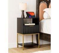 HeyZoeY Mesita Dorada de Noche con Almacenamiento de 3 Niveles, Mesa Auxiliar para Dormitorio o Sala de Estar, Negro