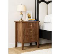 HEYZOEY Mesita Noche Vintage con 3 Cajones, Mesilla de Noche Estilo Rústico Granja con Tiradores Dorados, Mesa Auxiliar para Dormitorio y Salón, Marrón Nogal (45 × 33 × 61 cm)