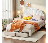 HFASD Cama Infantil tapizada de 140x200 cm, Cama para niña con cabecero con luz LED, diseño de pétalos, Cama Doble con 2 cajones de almacenaje, Terciopelo, Blanca, colchón no Incluido
