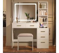 HFASD Grande Tocador De Maquillaje con Espejo Y Luces LED, Tapa De Vidrio Y Enchufe, Tocador con 5 Cajones, 3 Estantes Abiertos, Taburete, Mesa De Maquillaje Moderno para Dormitorio,109.4x30x139.7cm
