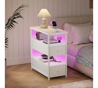 HFASD Mesita de noche con LED y toma USB, Mesitas de noche con 2 cajones de almacenamiento de tela y 2 compartimentos abiertos, mesa auxiliar con tomas de corriente, para dormitorio y sala de estar