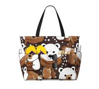 Hfderw White Bear Bolsa de playa plegable de gran capacidad con oso marrón, para mujer, para viajes a la piscina, color negro, talla única, Negro , talla única