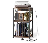 HFHOME Soporte para tocadiscos con estación de carga, mesa auxiliar de 3 niveles con almacenamiento de discos de vinilo, soporte giratorio para reproductor