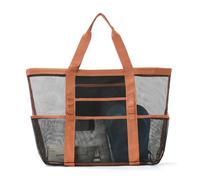 HFHungkeong Bolsa de playa de malla de verano de gran capacidad, plegable, con múltiples bolsillos, esencial para vacaciones para mujer, Marrón negro, Large