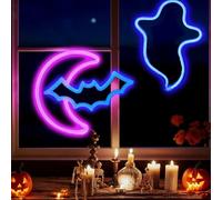 HFHungkeong Luz LED para ventana de Halloween, decoración colgante, USB o 3 pilas AA, murciélago, fantasma, luz de neón para dormitorio, salón, bar, fiesta, dormitorio, oficina