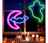 HFHungkeong Luz LED para ventana de Halloween, decoración colgante, USB o 3 pilas AA, murciélago, fantasma, luz de neón para dormitorio, salón, bar, fiesta, dormitorio, oficina