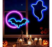HFHungkeong Luz LED para ventana de Halloween, decoración colgante, USB o 3 pilas AA, murciélago, fantasma, luz de neón para dormitorio, salón, bar, fiesta, dormitorio, oficina