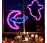 HFHungkeong Luz LED para ventana de Halloween, decoración colgante, USB o 3 pilas AA, murciélago, fantasma, luz de neón para dormitorio, salón, bar, fiesta, dormitorio, oficina