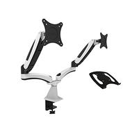 HFTEK HF124GW+D15 - Soporte de escritorio para 2 pantallas de 15 a 27 pulgadas con VESA 75/100 + soporte para tablet, iPad, portátil