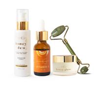 HG AESTHETICS Limpiador de miel HoneyDew Exfolierender (125 ml), 7% suero de vitamina C (30ml), HoneyGlow Hidratante HoneyGlow Crema de vaca SPF15 (50ml) y rodillo de jade