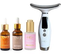 HG AESTHETICS Set de Cuidado Facial | 3 Sérums de 30 ml: Ácido Hialurónico, Retinol y Vitamina C + Dispositivo de Belleza para el Cuello | Hidratante, Antiedad e Iluminador