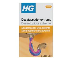 HG Desatascador Extreme para Desagües, Desbloqueador Potente para Fregaderos de Cocina y Baños, Limpiador de Tuberías, Líquido para Desagües y Desatascador de Pelo - 2x 500ml