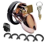 HGDTYRI Cinturón de castidad ventilado con jaula hueca for pene y cerradura, 5 anillos for pene, juego de bondage BDSM, juguetes sexuales for hombres.(Gold,KurzerStil)