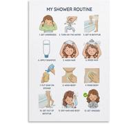 HGETJOHXEM Autism Shower Routine for Girls Visual Schedule Poster Canvas Wall-Art Bathroom Decor ASD Toddler Print(Framed,16x24inch(40x60cm))