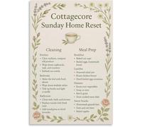 HGETJOHXEM Cottagecore Sunday Home Reset Poster Cleaning Meal Prep Guide Cozy Canvas Wall-Art for Living Room Bedroom Decor(Framed,08x12inch(20x30cm))