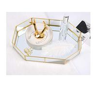 Hggzeg Bandeja de cristal de color dorado, bandeja decorativa de metal poligonal, joyas, perfume, organizador de maquillaje, bandeja para tocador, tocador, baño, dormitorio (pequeño)