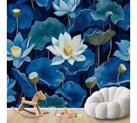 hgjdjhnf Fotomural - Papel pintado Flor de loto azul Estilo chino Loto moderno Sala de estar Dormitorio Decoración de pared Zen Motivo, 200cmx140cm Póster - Adhesivo de pared - Cuadro sin marco