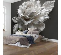 hgjdjhnf Papel pintado fotográfico con hojas de rosa para salón o dormitorio, flores realistas, revestimiento de pared, papel pintado estampado en blanco y gris, tela de seda, 350 cm x 256 cm
