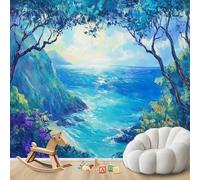 hgjdjhnf Papel pintado fotográfico con vista al mar, pintura al óleo, paisaje costero azul turquesa, papel pintado no tejido para decoración de paredes de sala de estar y dormitorio, 350 cm x 256 cm.